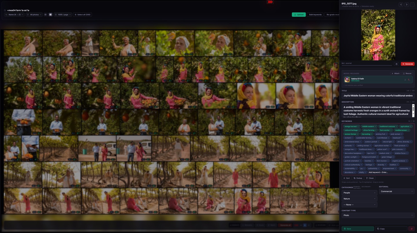 .tag.shock application showing gallery of stock photographs with folder tree on left, photo thumbnails in centre, and metadata panel on right with AI-generated keywords and model release status